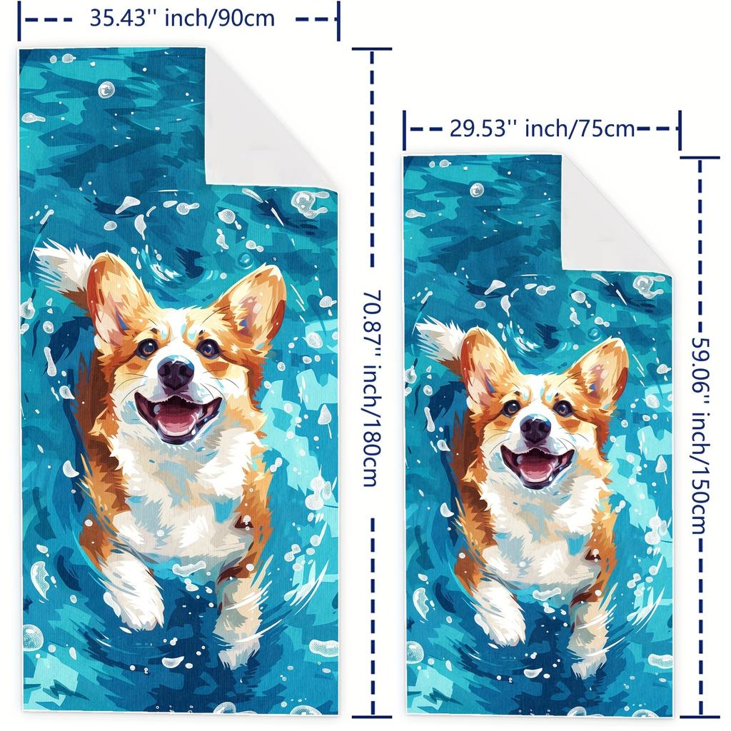Cute Corgi Dog Beach Towel, Swimming Pet Art, Soft Microfiber Towel, Fun Summer Pool & Beach Accessory For Kids & Adults