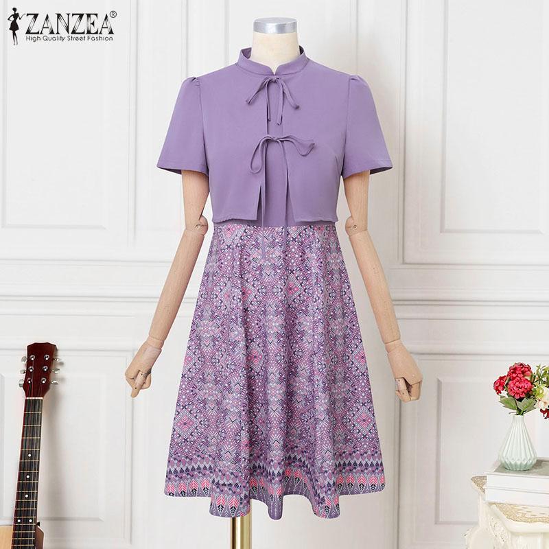 ZANZEA Women Casual Round Neck Short Sleeve Summer Print Dress