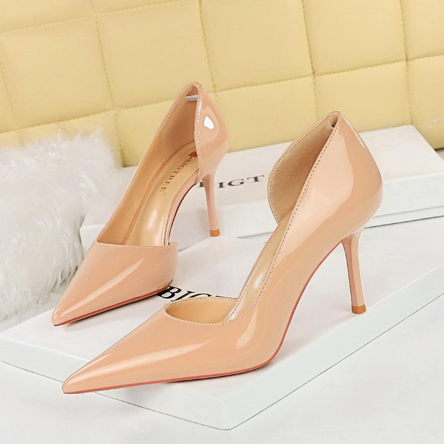 8cm Style Fashion Simple High Heels Women's Shoes Thin Heels High Heels Shallow Mouth Pointed Side Hollow Patent Leather Single Shoes Women