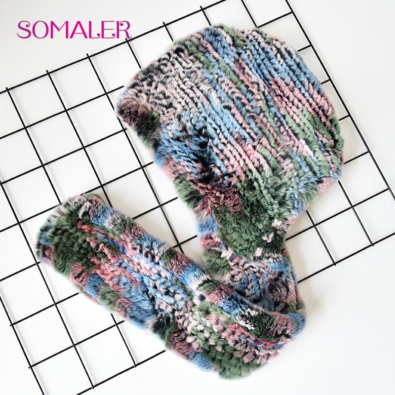 SOMALER Vinter kaninpelshue Skjerf for kvinner Russisk stil strikket pelsbeanies og skjerf