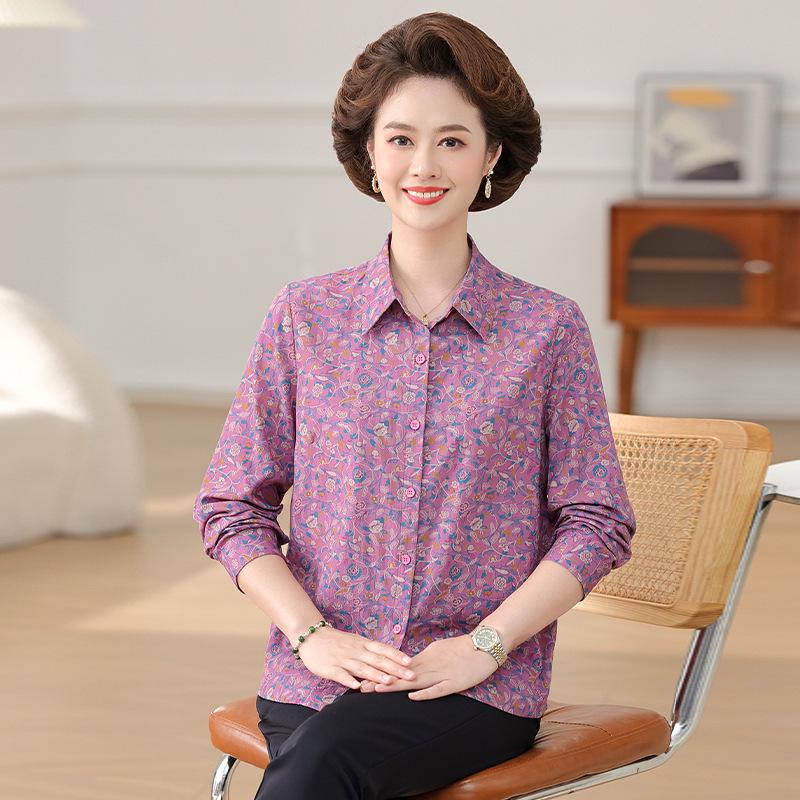 Mom's Spring Floral Long Sleeve Cotton Shirt for Middle-Aged & Elderly Women