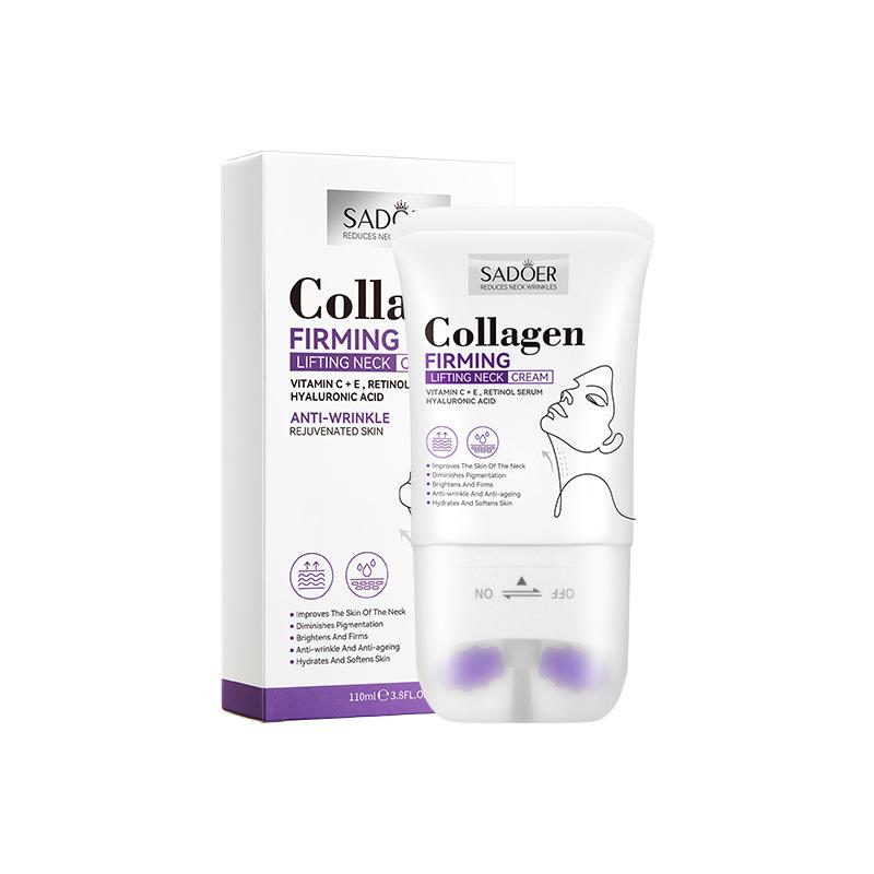 Sadoer 110ml Crème Raffermissante Neck Cream au Collagène Lifting Hydratante Éclaircissante Rouleau de Massage Crème Beauté Cou Soins de la Peau du Cou