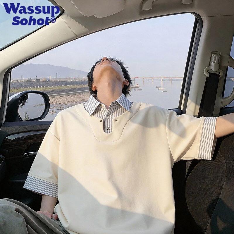 Wassup Sohot Men s Faux Two-Piece Striped Short Sleeve Polo Shirt M