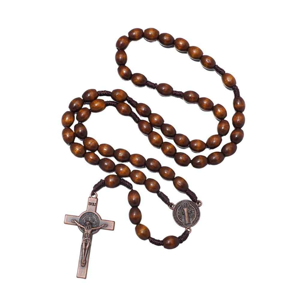Wooden Rosary Beads Necklace with Cross Pendant Religious Prayer Beads Catholic Rosary Chain with Metal Medals and Crucifix Pendant