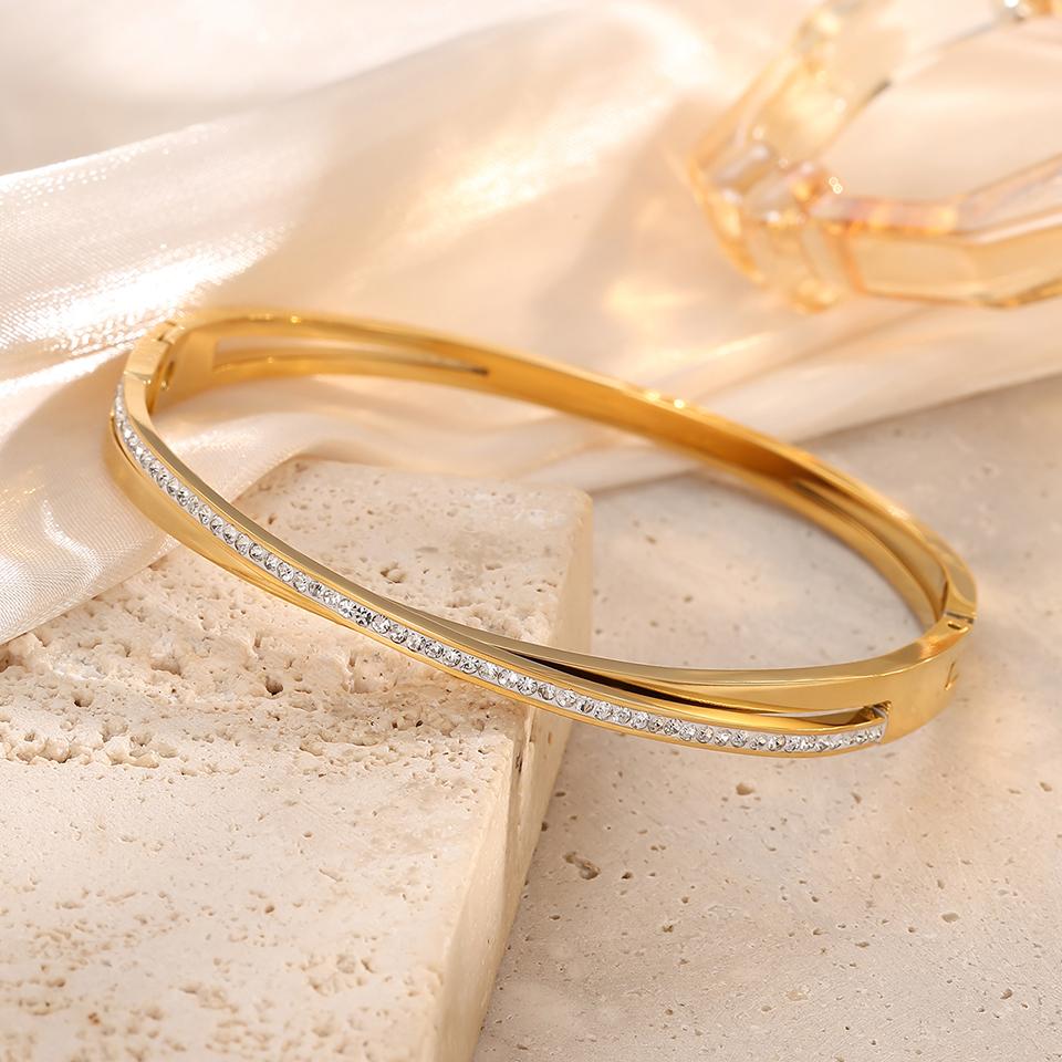 Htpwe Stainless Steel Zirconium Cross Double Layer Bracelet Women's Plated 18k Gold Couple Holiday Gift Bracelet Party Zircon