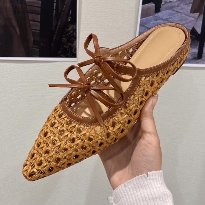 Women Weave Slippers Lace Up Flats Sandals Woman Shoes Summer Trend 2025 New Bow Shallow Slides Walking Cozy Zapatillas De Mujer