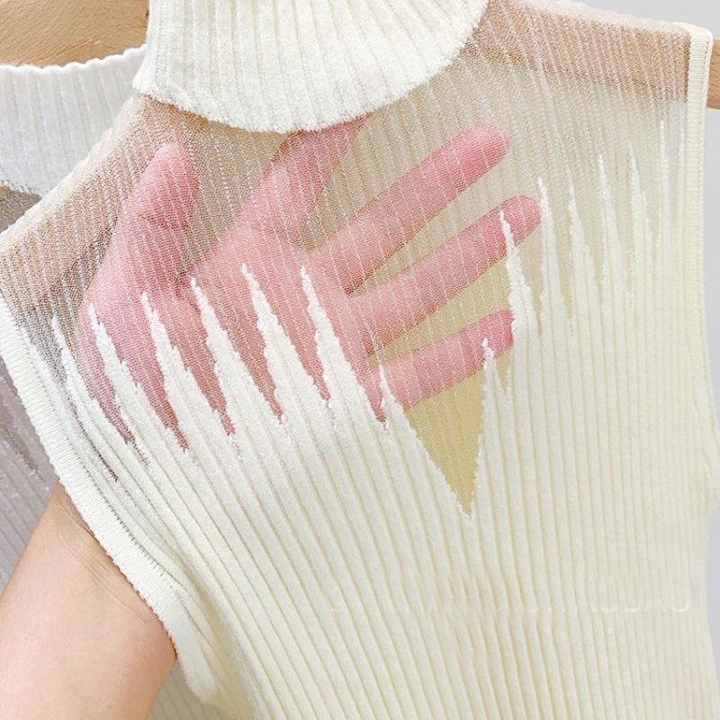 Dámské jednobarevné úzké pletené tílko bez rukávů Šik polovyvýšený síťovaný malý top Sexy dutý tílko