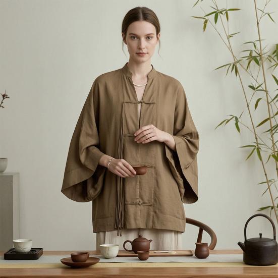 Handgemachtes Knopflochhemd Damen Hemd mit Stehkragen, Chinesische Frosch-Bluse für Frühsommer Freizeit-Outfit Herbst, Lockeres einfarbiges Langarm-Oberteil Frühjahrs-Kleidung