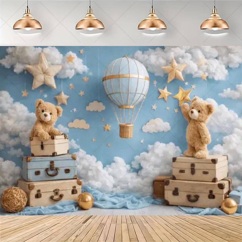 Teddy Bear Hot Air Balloon Backdrop Banner Newborn 1st Birthday Party Decoration Background Baby Shower Photography Studio Props