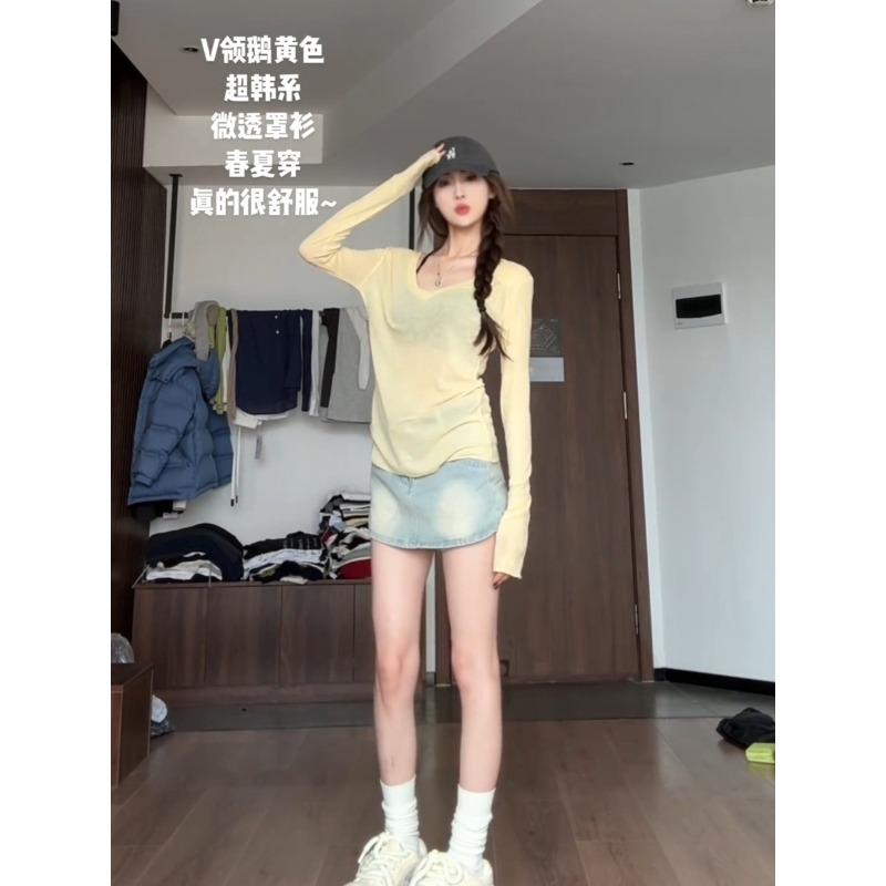 Neck Bright Yellow Slim-fitting and Thin Bottoming Shirt Women's Spring Thin Slightly Transparent Basic Long-sleeved Shirt Top