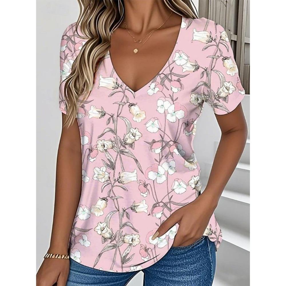 Women s summer T-shirt with plant print retro fashion V-neck XS