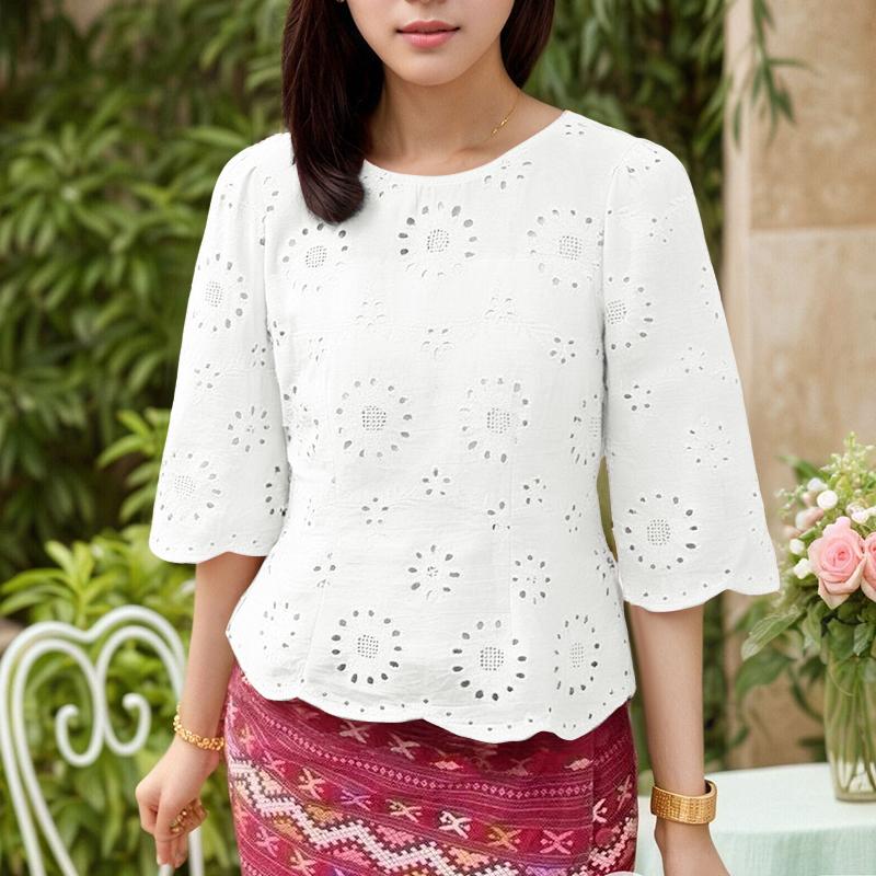 ZANZEA Women Casual Round Neck 3/4 Sleeve Loose Patchwork Crochet Blouse