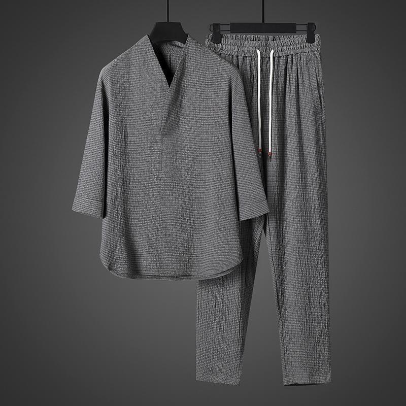 Summer Fashion Trend Solid Color Ice Silk Breathable Two-Piece Men's Leisure Loose Sports Plus-Size Suit
