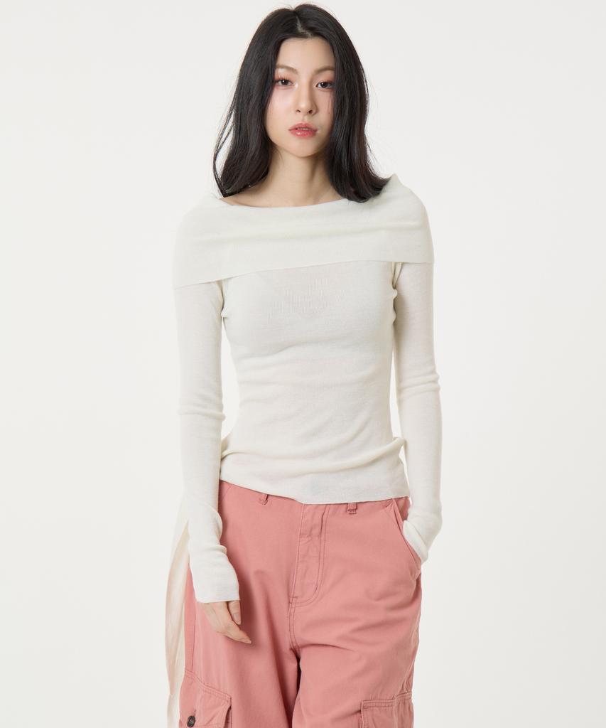 UNKNOWN PLANET Side Tie Off-Shoulder Long Sleeve Knit Top White