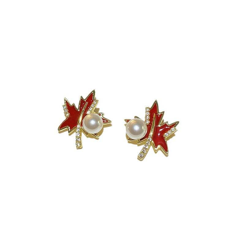 Autumn and Winter Maple Leaf Ankela Red Oil Drop Pearl Stud Earrings Women's New Temperament Ear Clips Mosquito Coil Disc Women Without Ear Piercings