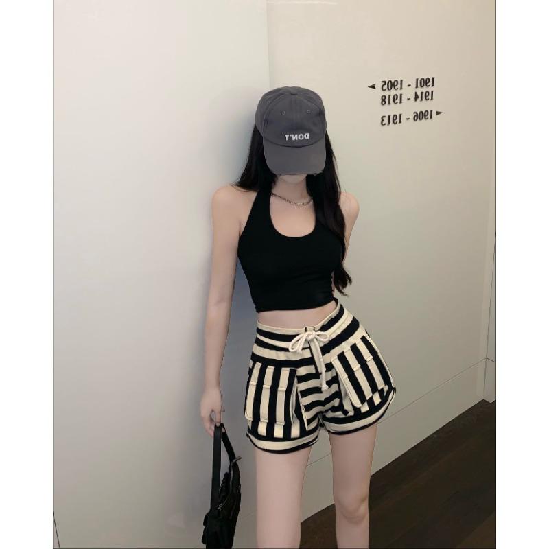 High-waisted Striped Shorts Women's Summer Elasticated Waist Baggy Wide-leg Pants Wear Slimming Sports A-line Spice Hot Pants