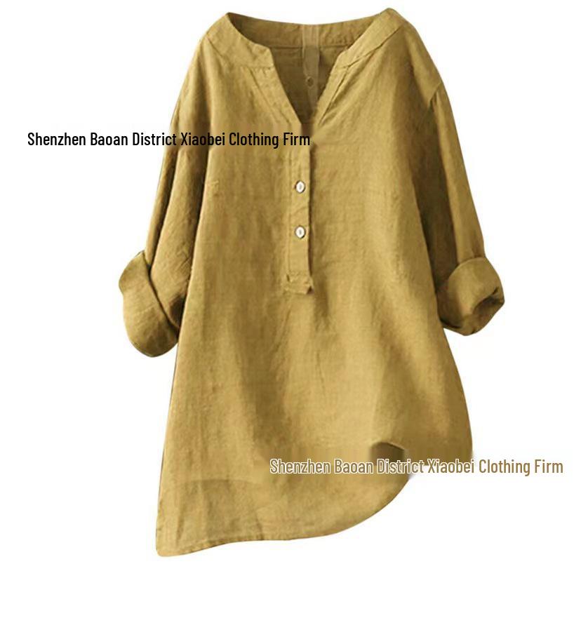 Europäisches und amerikanisches Damen-Top aus Baumwolle und Leinen, locker geschnitten, einfarbig, Modell 2021