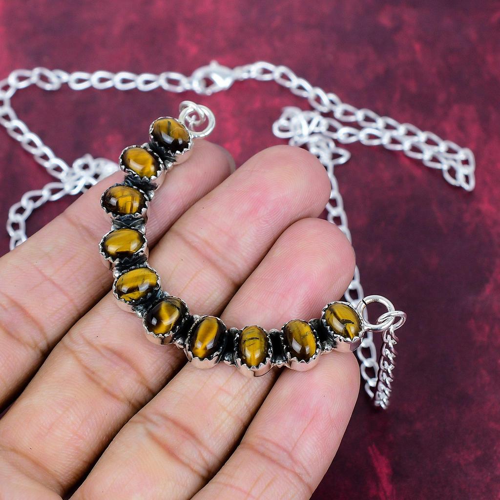 Tiger's Eye Handmade Gemstone Necklace, 925 Solid Sterling Silver Beautiful Necklace Jewelry, Gift for Introverted