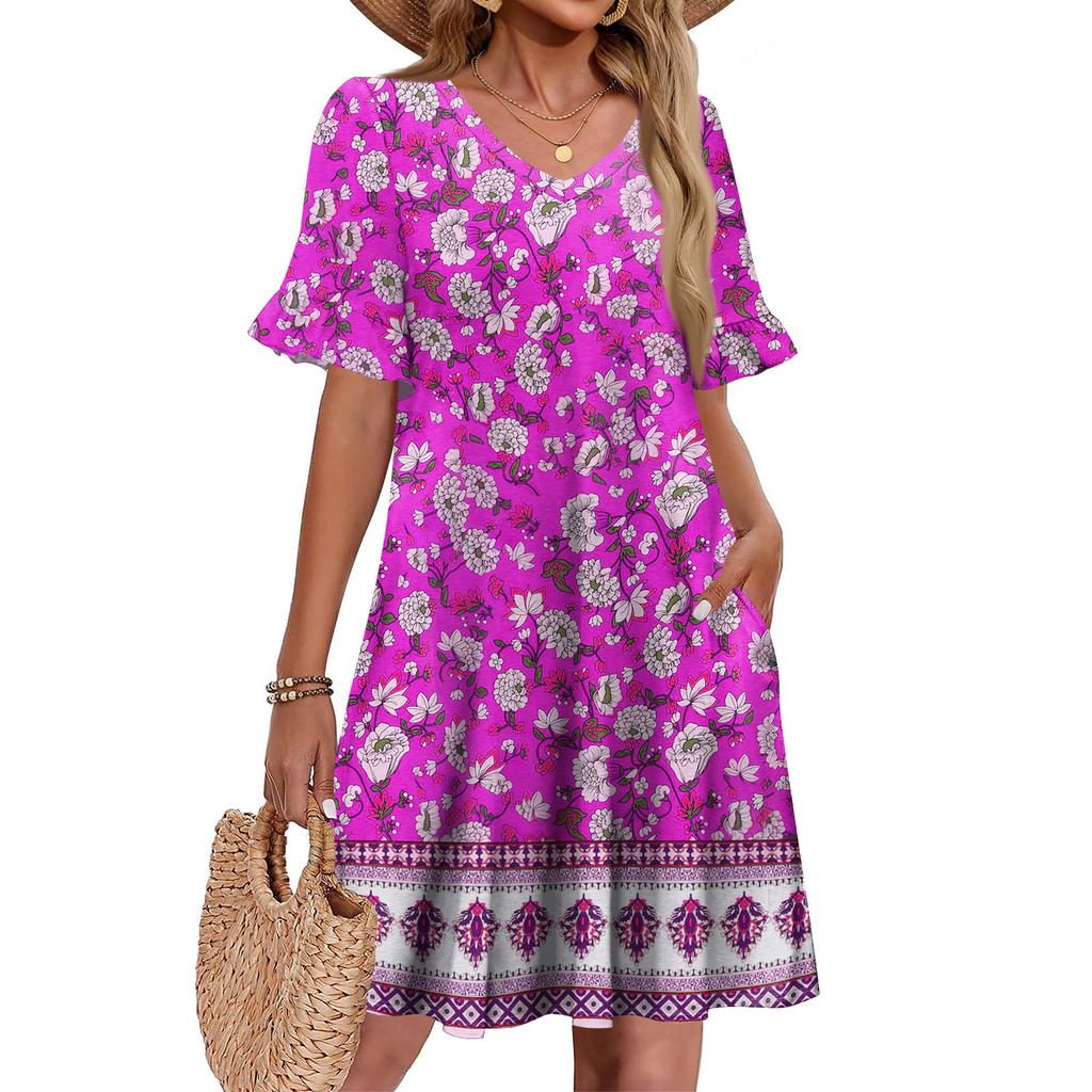 Women A Line Sun Dress Short Sleeve V Neck Printed Dress With Pockets