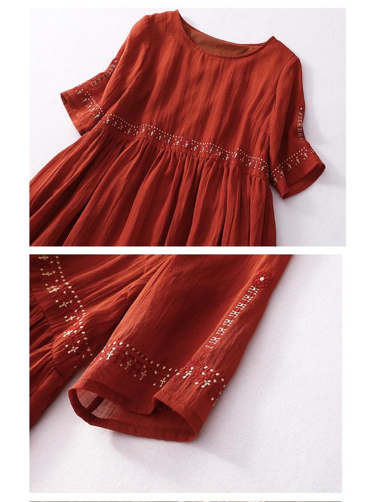 2025 Summer Women's Plus Size Ramie Embroidered Loose Retro Dress (Unlined)
