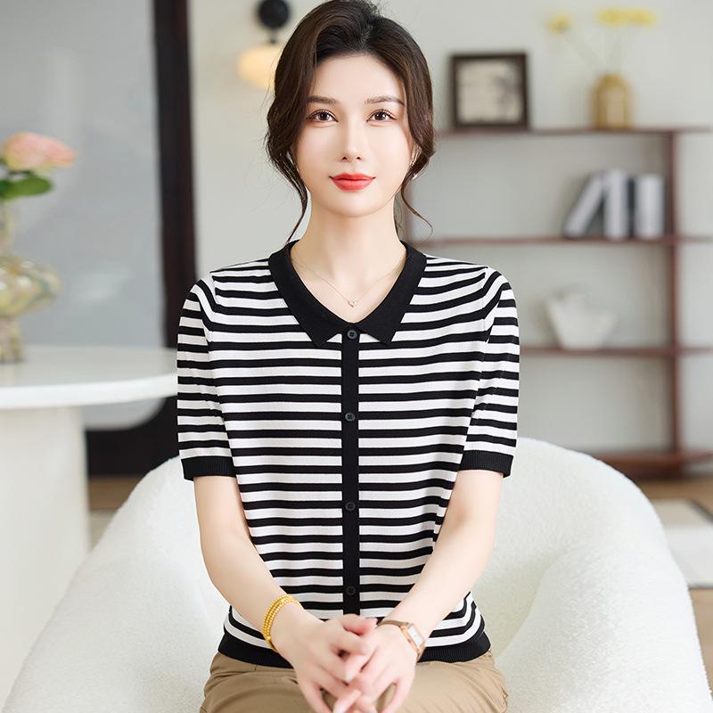

2026 Summer Short-Sleeve Ice Silk Blouse for Middle-Aged & Elderly Women - Stylish Striped T-shirt Top 110 (Recommended for 90-110 kg)