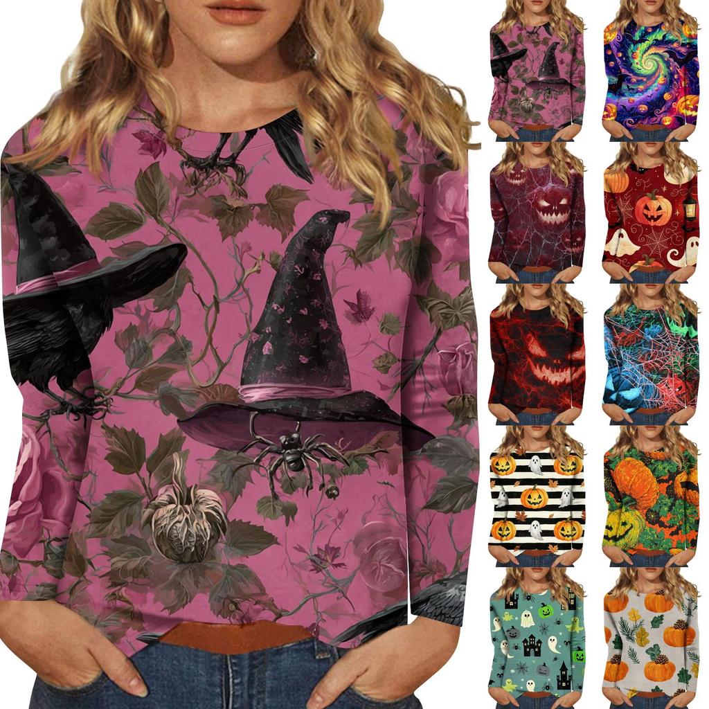 Women's Long-sleeved Loose-necked Halloween Print Casual Top, Suitable for Holiday Parties