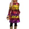 Women's Fashion Casual Dress With Pockets, Decorative Buttons, Carnival Prints, Round Neck And Long Sleeves