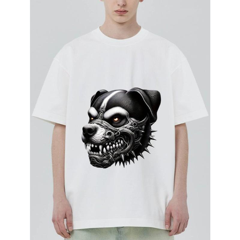 Black T Shirt with Dog Head Mechanical Design for Casual Wear