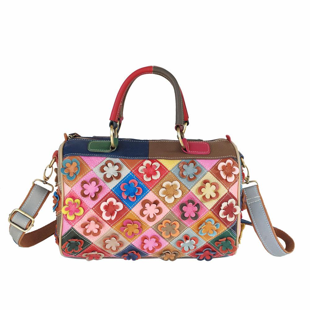 Damentasche Rindsleder Tragbare Umhängetasche Rhombus Splicing Flower Ledertasche