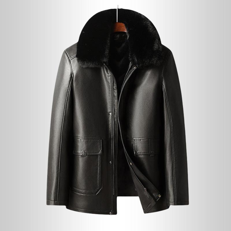 Men's Leather Jacket Middle-aged and Elderly Velvet Thickened Leather Jacket Dad's Leather  Removed From The Liner Medium and Long Leather Jacket