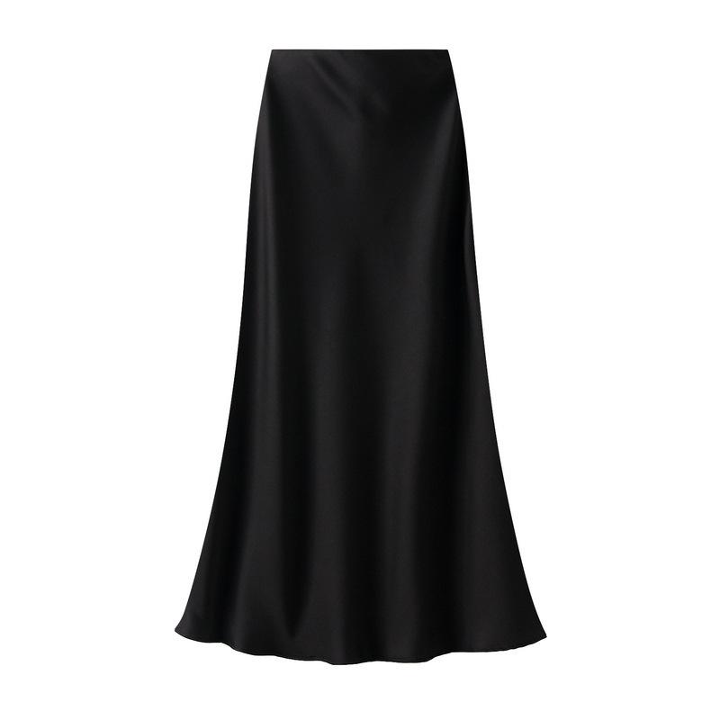 women s Smooth Satin High Waist A Line Maxi Skirt Elegant Draped Bodycon Long Skirt S чёрный