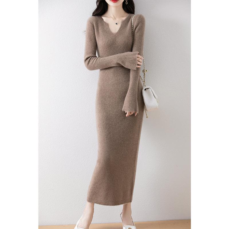 Autumn-Winter Pure Wool Trumpet Sleeve Mid-Length Sweater Dress