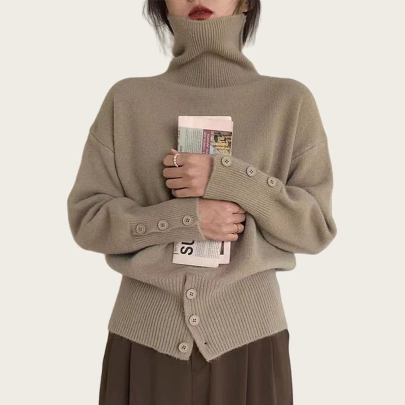 Autumn Winter New Turtleneck Long Sleeve Pullover Sweater for Women Elegant 2025 Fashion Loose Hem Button Sweaters Office Casual Knit Top Clothing