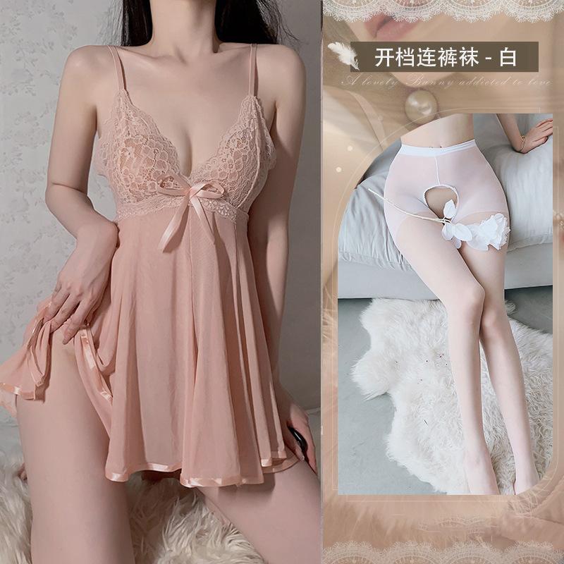 Sweet hair sexy underwear sexy suspender backless nightdress women's hot lace transparent pajamas perspective set