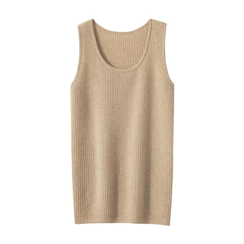 Women's 100% Pure Cashmere Ribbed Slim Fit Spaghetti Strap Vest - Autumn/Winter Knit Round Neck Inner Layer