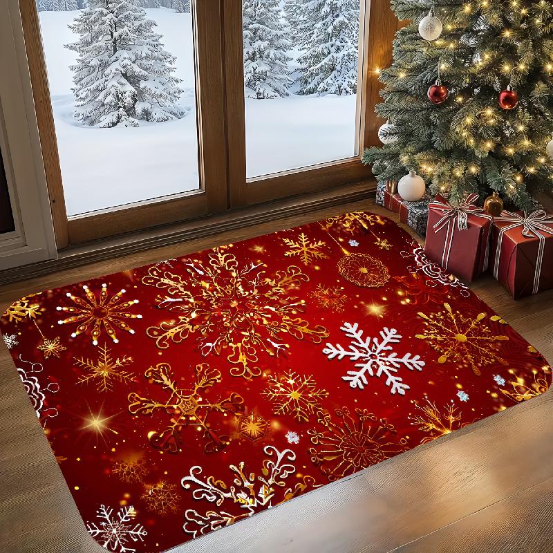 1pc Festive Snowflake Welcome Doormat - Indoor/Outdoor Polyester Flannel Mat with Golden & White Snowflake Design, Ideal for Kit