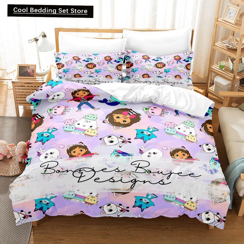 Gabbys Puppenhaus Bettwäscheset Einzelbett Twin Full Queen King Size Bettset Erwachsene Kinder Schlafzimmer Bettbezugsets 3D Anime Bettlaken-Set