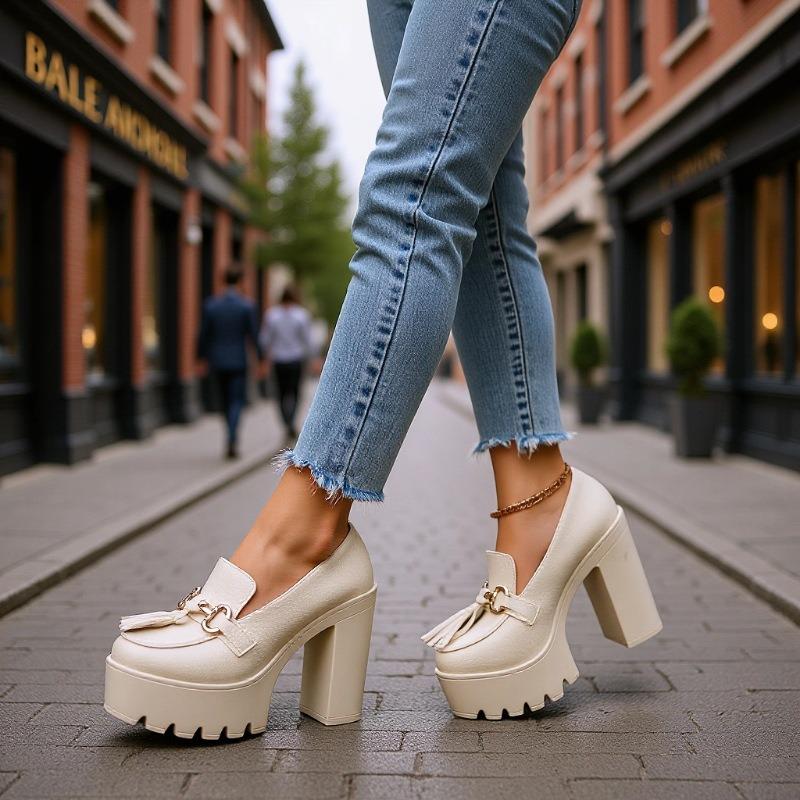 Women's Chunky Heel High Heel Shoes with Tassel Decoration - 2025 Autumn Collection in Plus Sizes