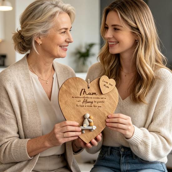 Mum Always Wooden Hanging Ornament Rustic Heart-Shaped Wall Plaque Hand Engraved Heart Keepsake for Mother's Day Birthday Christmas Gift