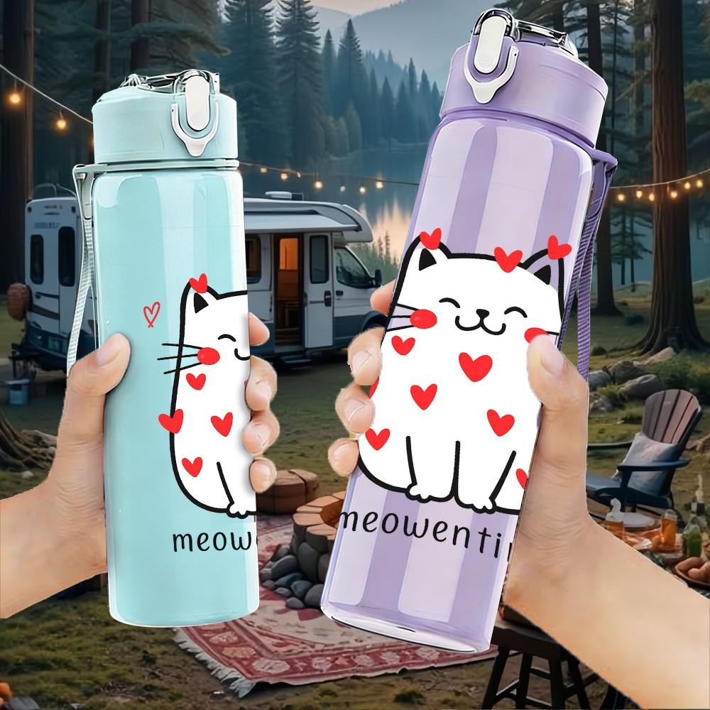 1PC Cat Full Of Red Hearts Print 750ml Color Plastic Sports Water Bottle Leakproof Flip Straw Lid Suitable for Sports Office Home Use