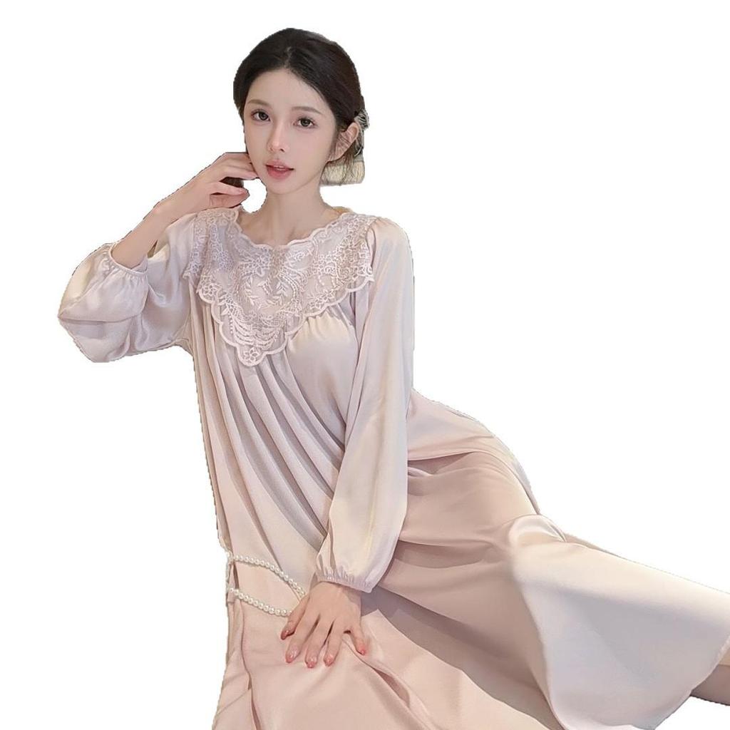 Women's Sexy Lace Nightgown - Long Sleeve Ice Silk Pajamas with Beautiful Back, French Style for Spring and Autumn