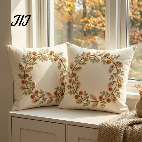 Autumn Wreath Cushion Cover Cover, Thanksgiving Throw Pillow Leaf Embroidery Pumpkin Harvest Home Decor Case for Sofa Couch Farmhouse Decor,