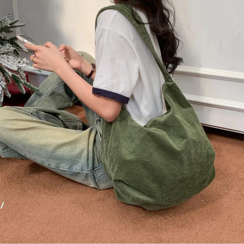 Large Capacity Women's Shoulder Bag Retro Corduroy Female Commute Shopping Bags Solid Color Ladies Simple Tote Purse Handbags