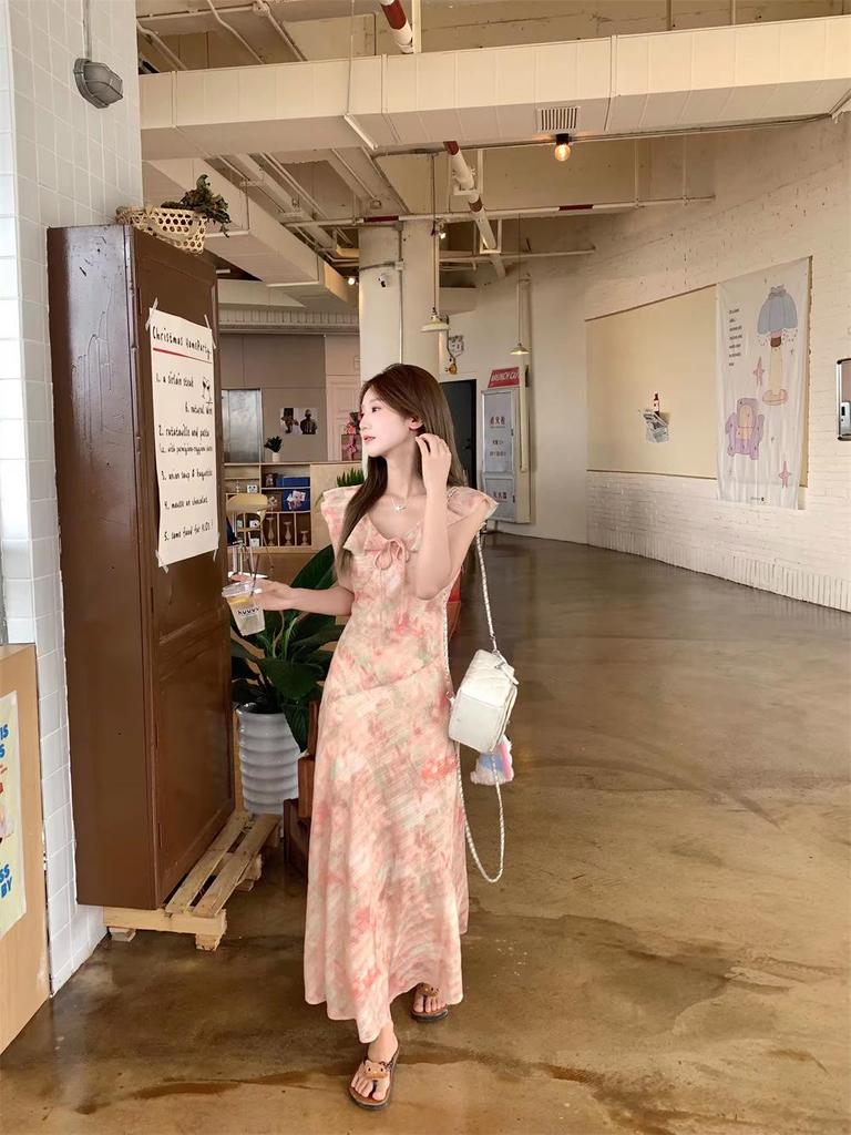 2026 Summer Pink Floral Ruffle Dress with Flutter Sleeves for Women