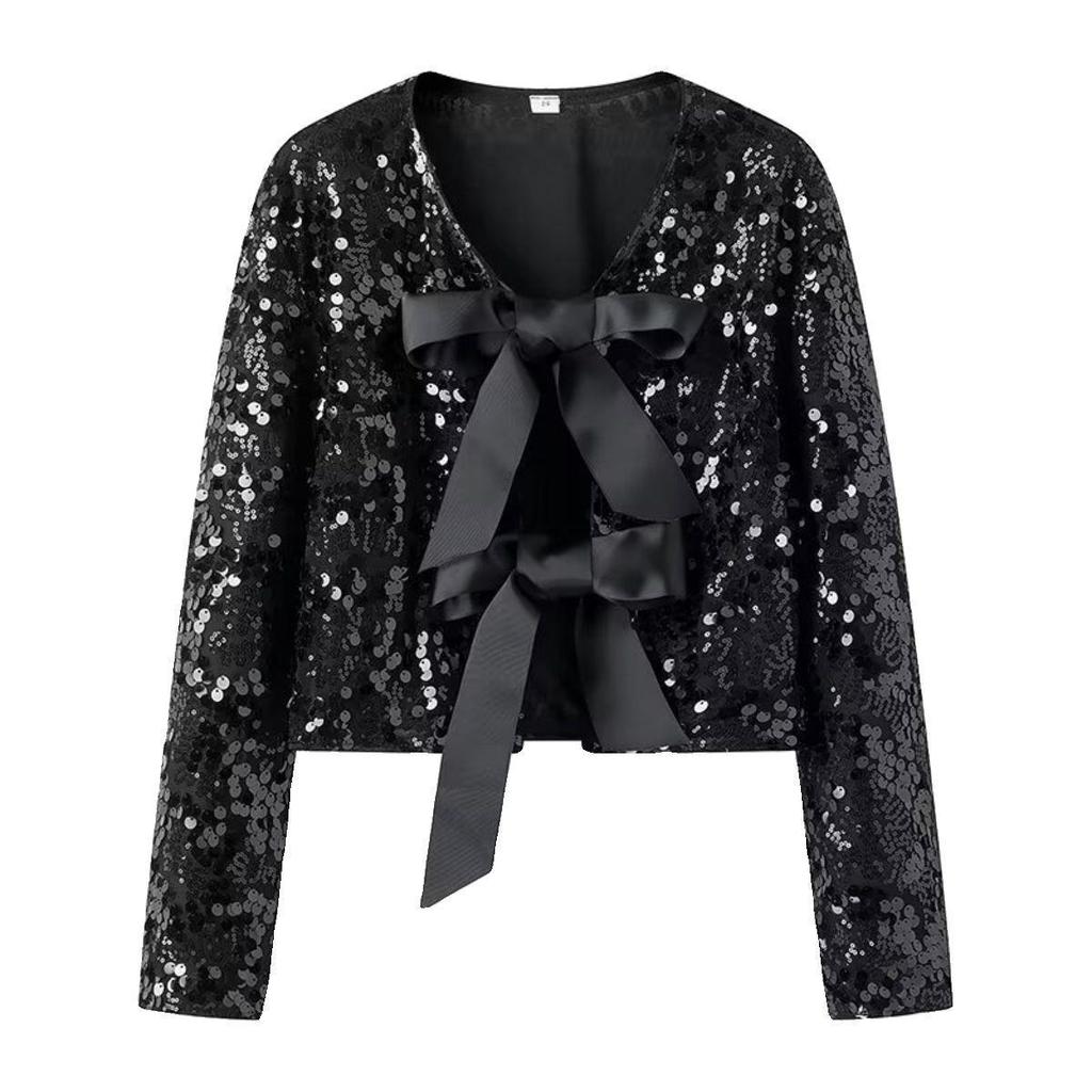 Dámská lesklá flitrová zkrácená bunda s mašlí, kulatým výstřihem a dlouhým rukávem, jednobarevná, slim fit, ležérní kabát, jarní podzimní dámský party top