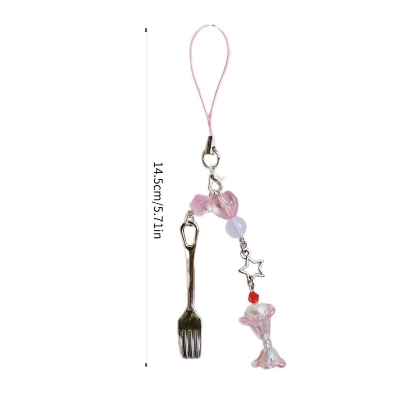 Cute Beaded Fork Phone Chain Ornament Heart Beaded Cellphone Pendant Phone Lanyard Bag Charm for Fashionable Individuals