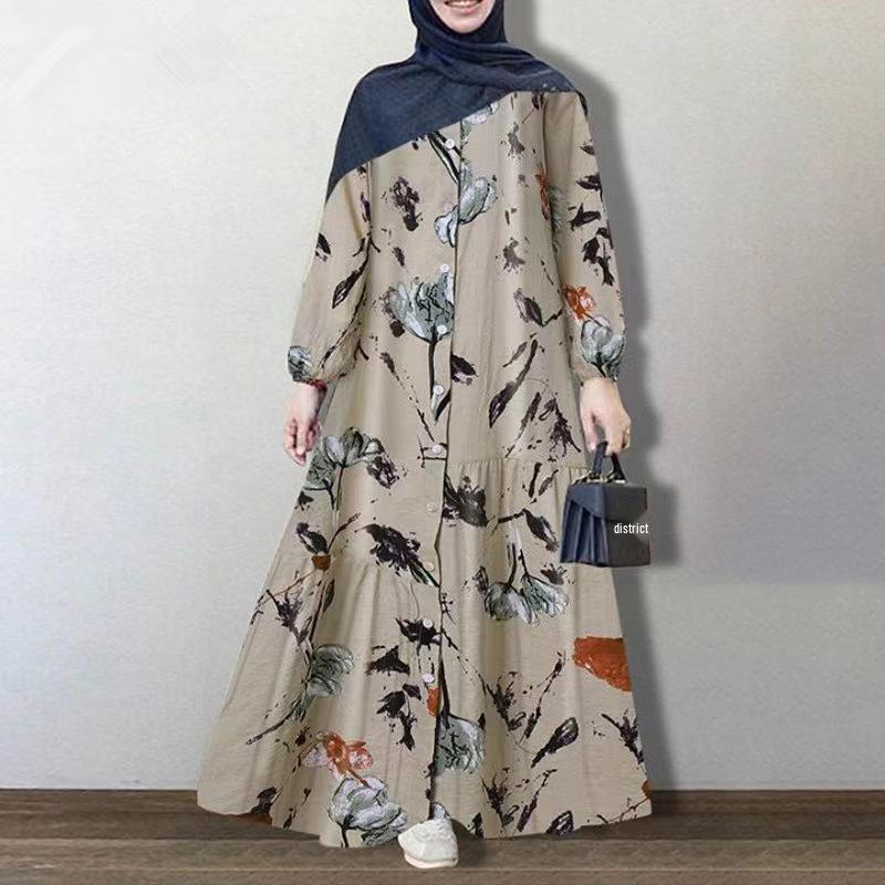 Plus Size Women s Silk Floral Print Long Sleeve Loose Casual Dress 2XL зелёный