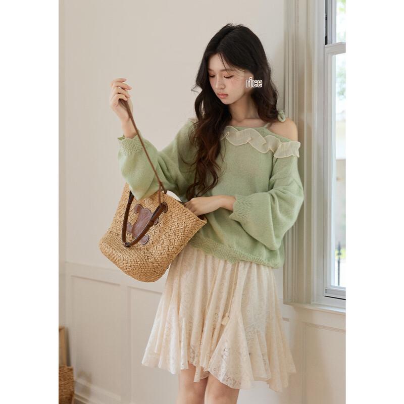 Women's Loose Off-Shoulder Knit Top with Contrast Lace Trim