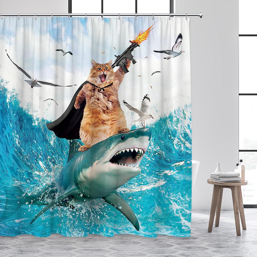 Funny Animals Shower Curtain Cute Diving Dog Cat Riding Shark Brown Bear Ocean Landscape Children Bathroom Curtains Fabric Decor
