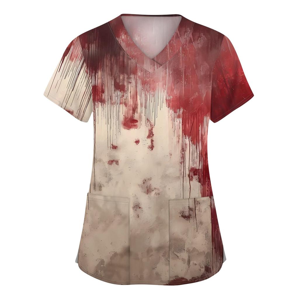 Γυναικεία Μόδα V-λαιμόκοψη Κοντομάνικη Επαγγελματική Ενδυμασία Με Τσέπες Τοπ με Αποκριάτικη Εκτύπωση